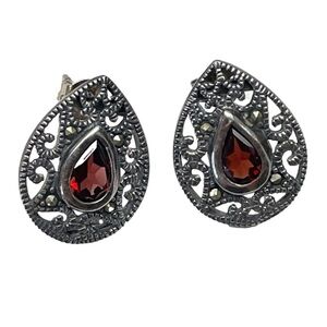 Vintage Sterling Silver Open Scroll Work Surrounding Red Gem Earrings